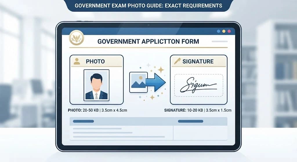 Government exam photo and signature size requirements in KB, pixels and dimensions